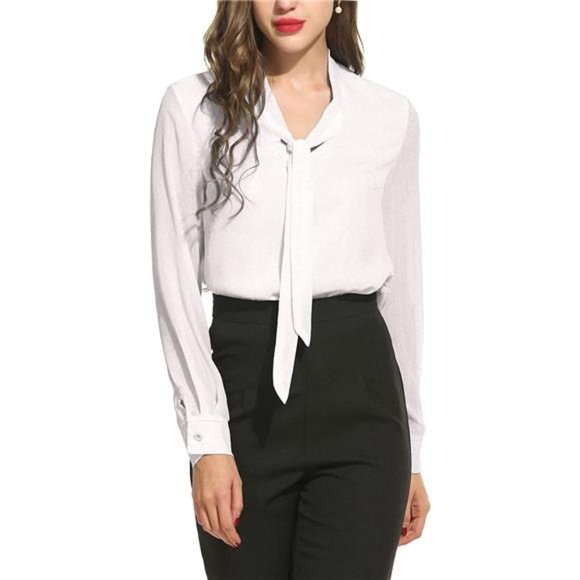 Chiffon Blouses for Women Dressy Bow Tie Neck Long Sleeve Work Shirt Formal - Picture 1 of 6